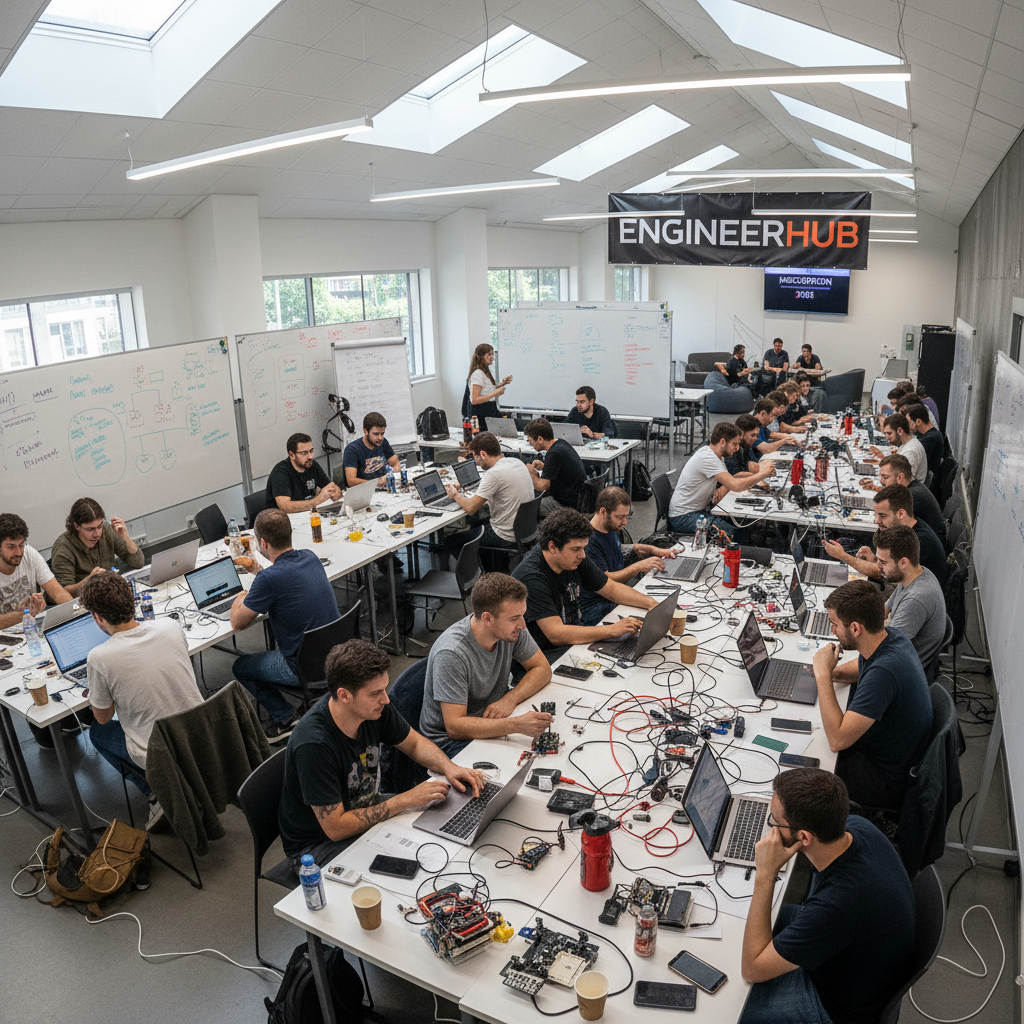 Weekend hackathon at EngineerHub, teams gathered around tables with laptops, whiteboards, and hardware prototypes