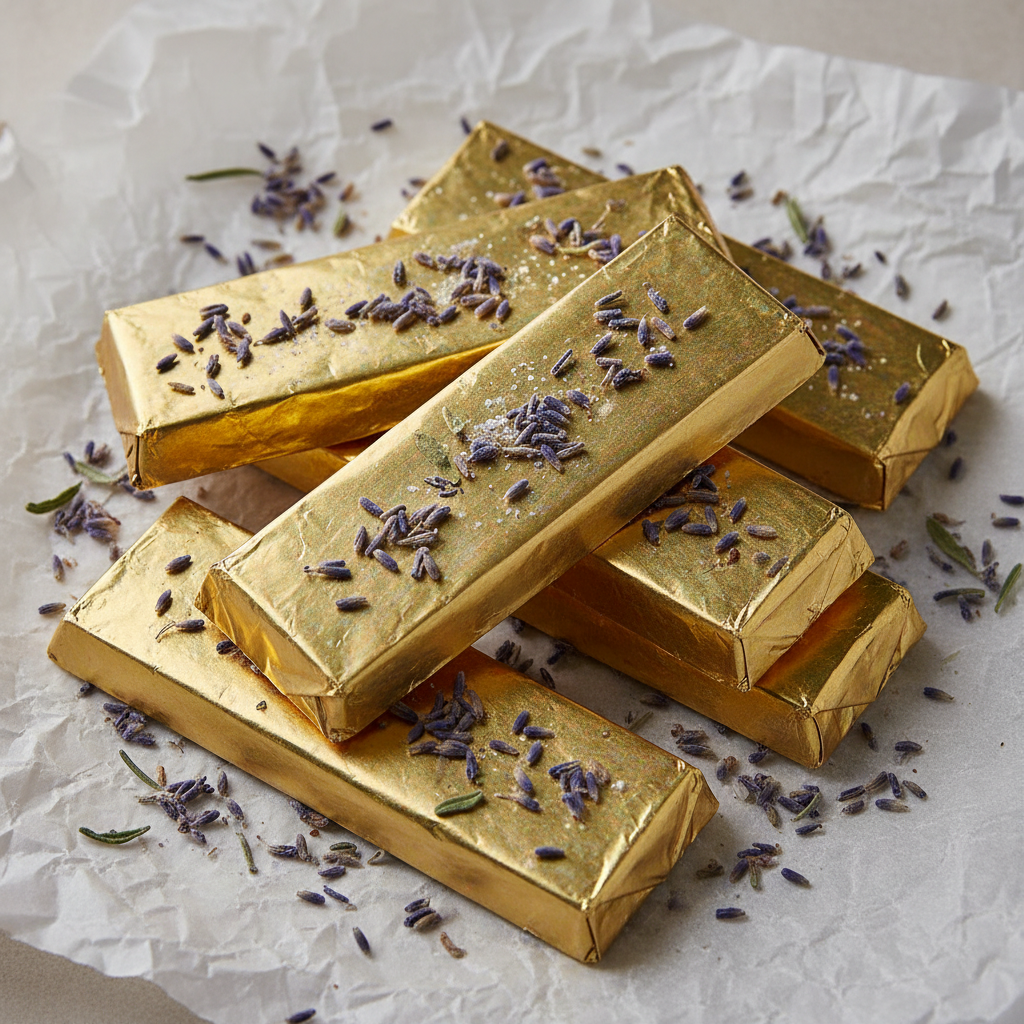 Artisan chocolate bars with gold foil wrappers and dried lavender garnish arranged on parchment paper