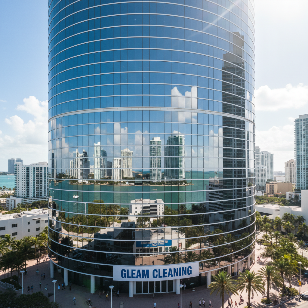 Same tower facade with crystal-clear glass reflecting Miami skyline after Gleam cleaning