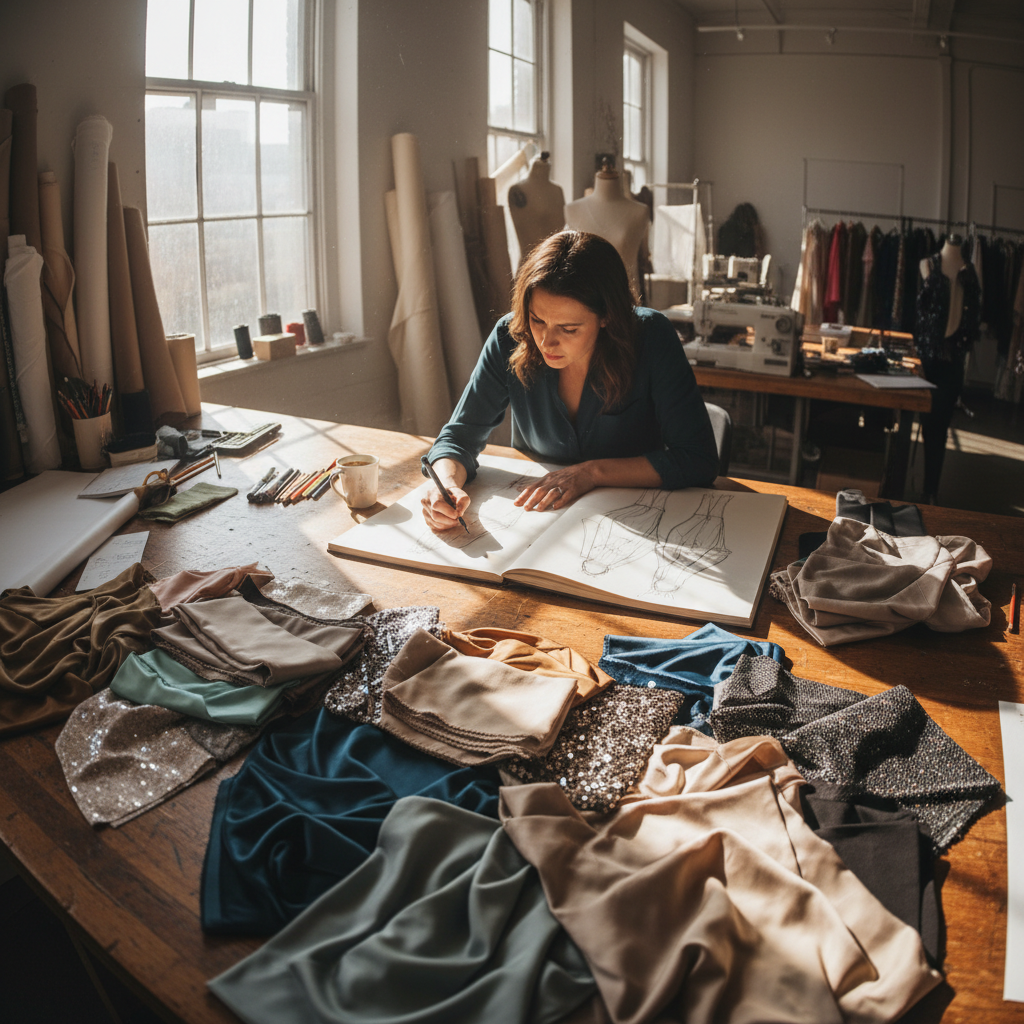 Fashion product development with sketches and prototype garments on a design table