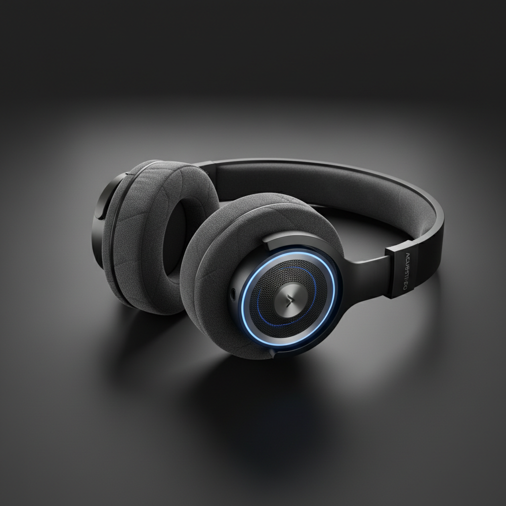 Wireless over-ear headphones floating on dark background with neon purple glow