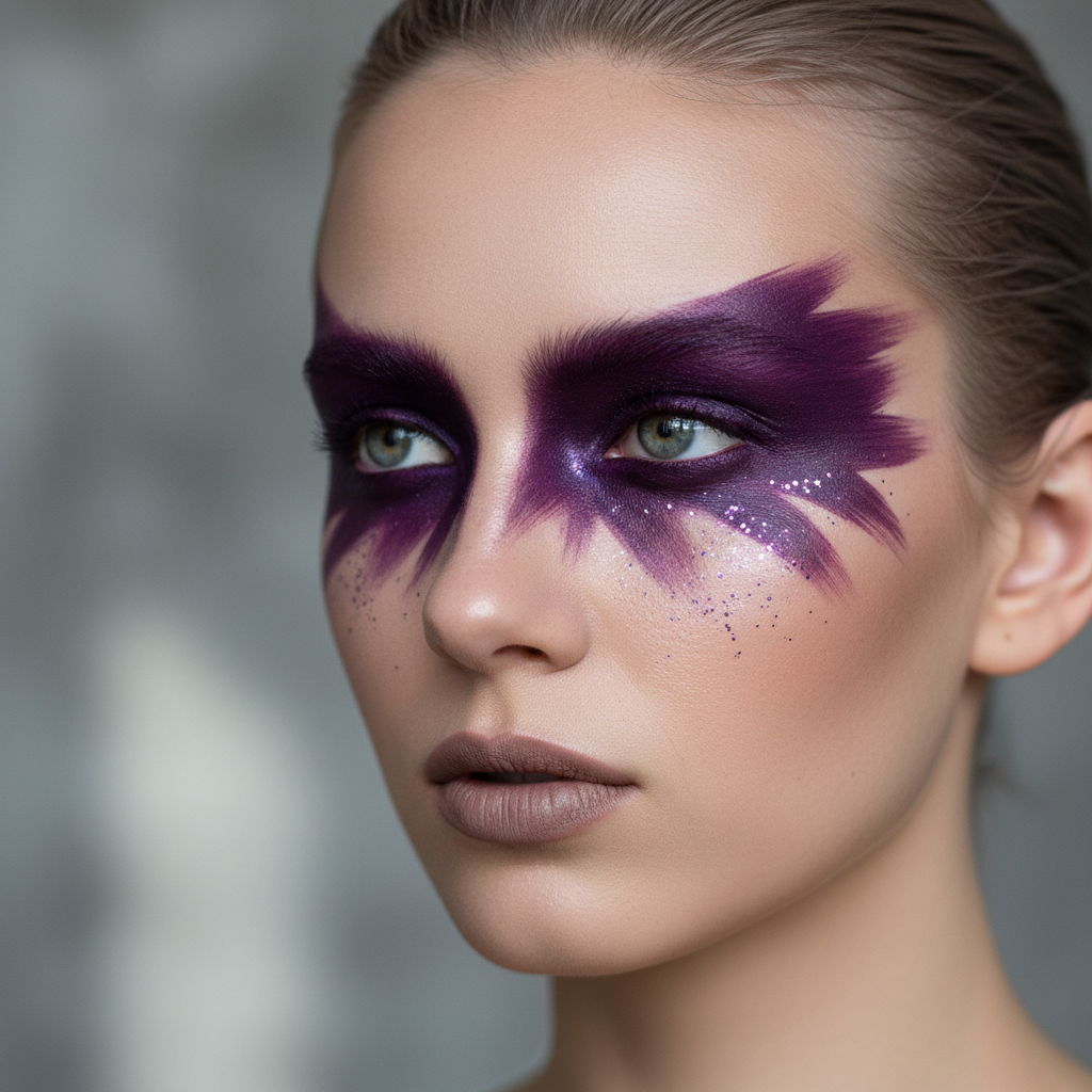Avant-garde editorial with deep violet pigment across eyelids extending to temples