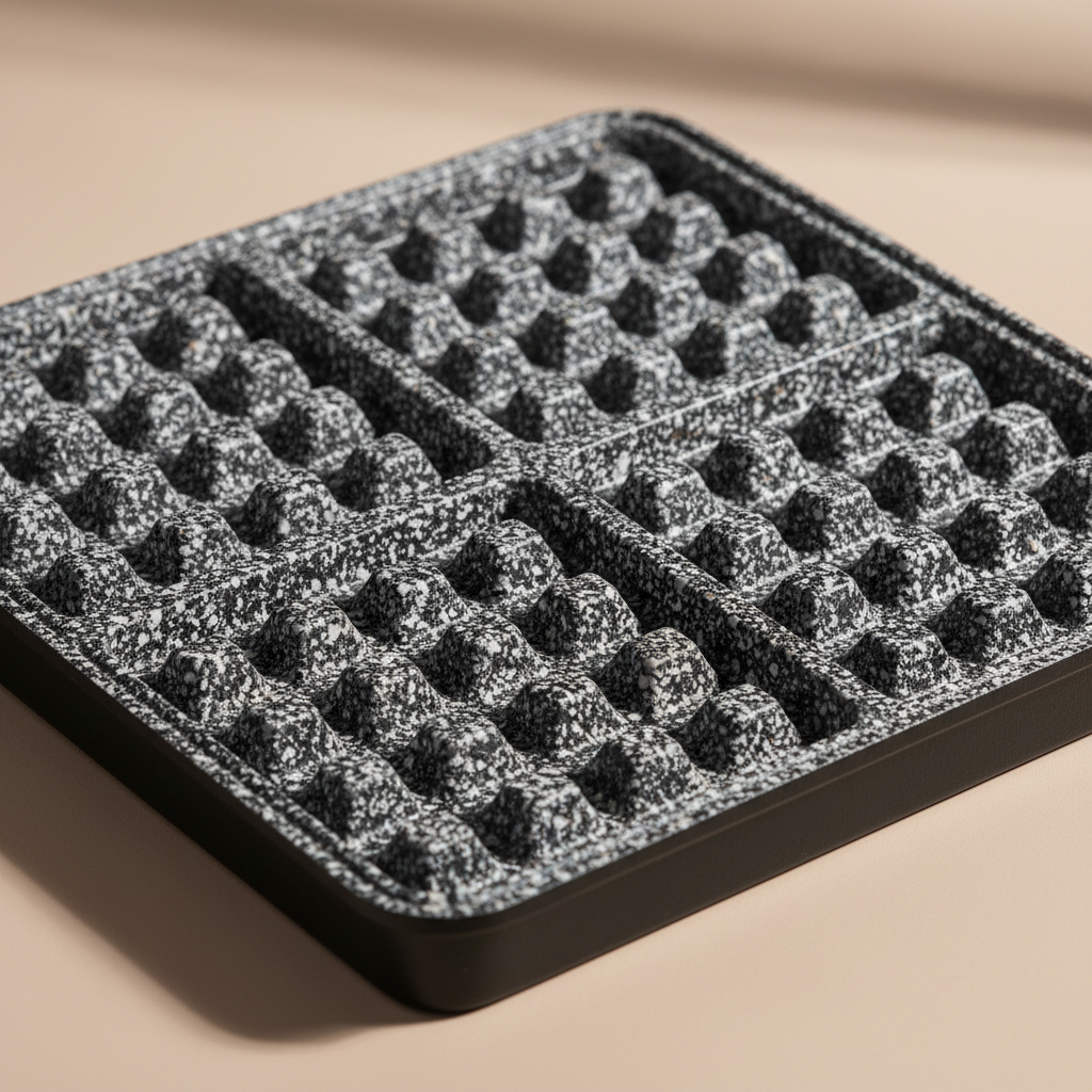 Close up of waffle iron mid-press with steam escaping, batter bubbling at edges