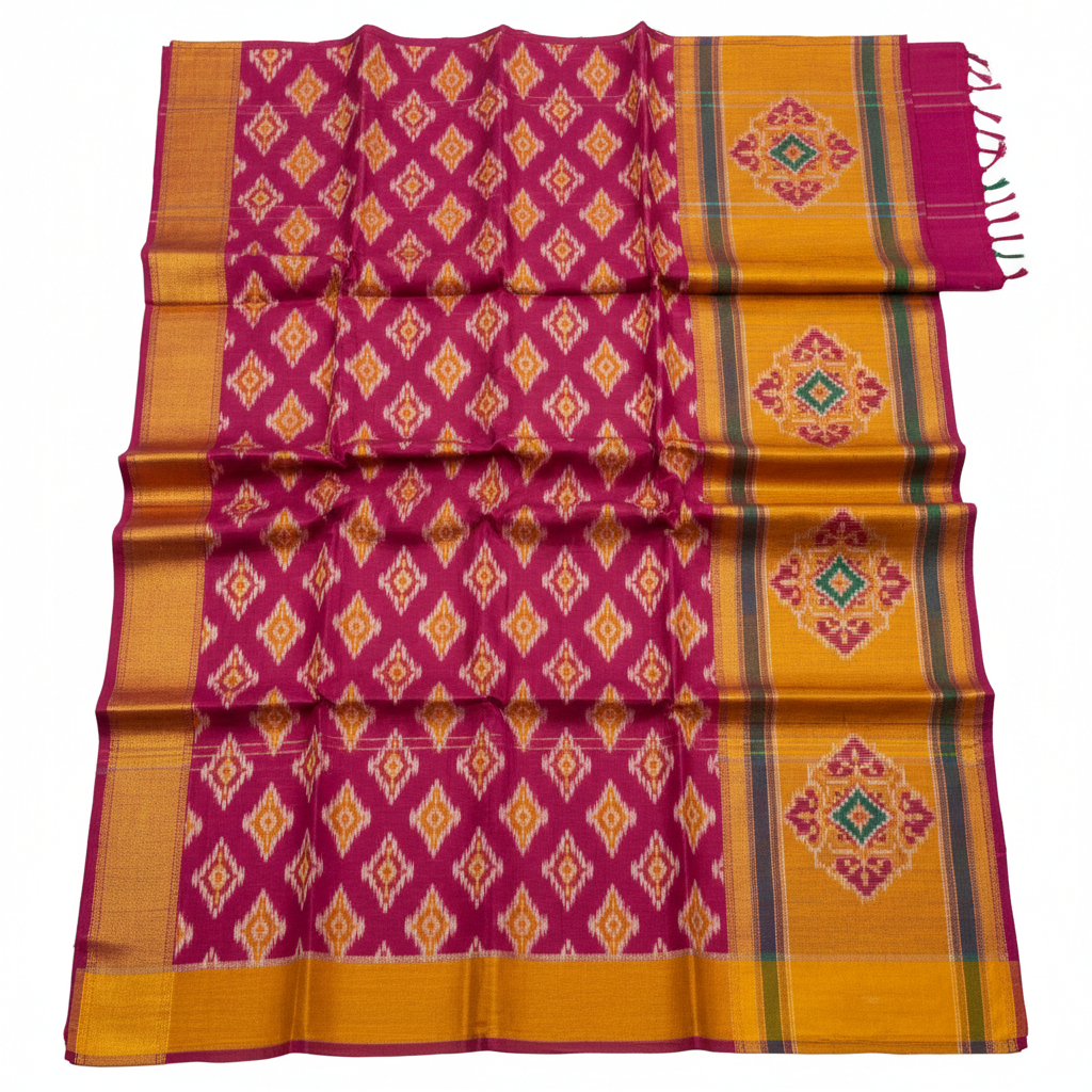 Rich maroon Pochampally ikat silk saree with geometric pattern, warm lighting