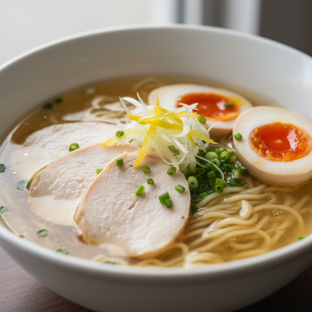 Light golden shio ramen with poached chicken, yuzu garnish, and clear broth in a white ceramic bowl