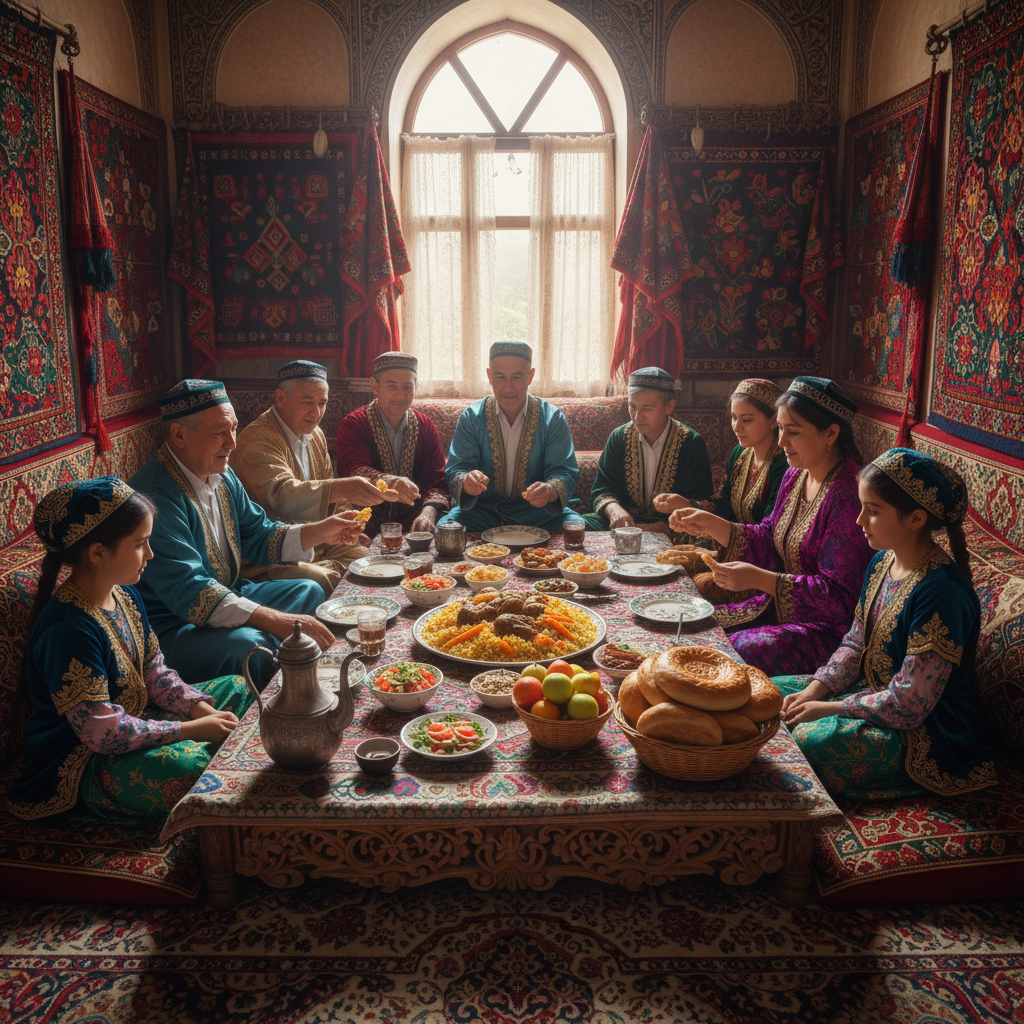 Family gathered around festival table with traditional food