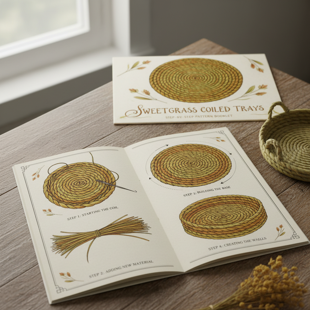 Illustrated pattern booklet for sweetgrass coiled tray showing step-by-step diagrams