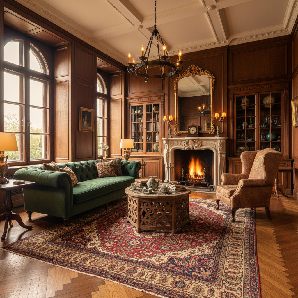 Elegant interior with warm lighting, vintage furniture, and artisan craftsmanship details