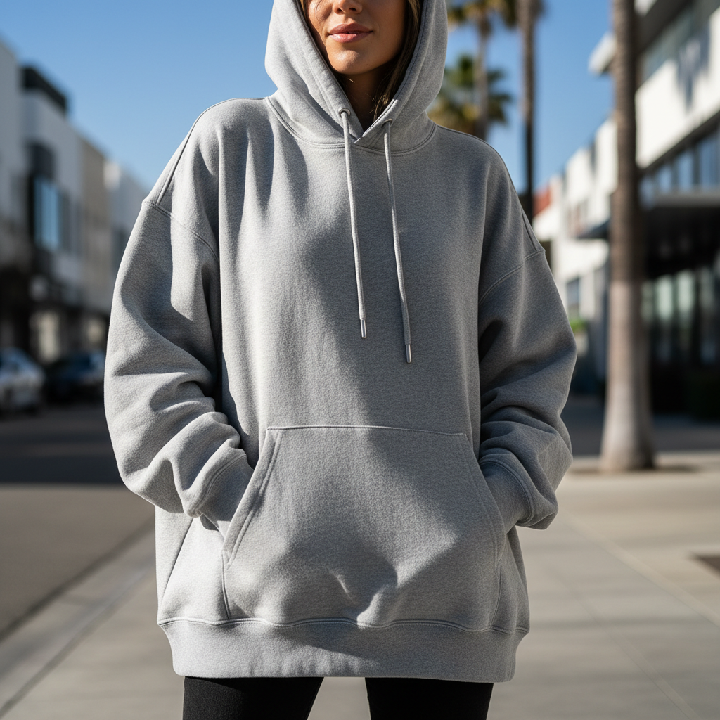 Gray oversized hoodie on person from behind in outdoor autumn setting