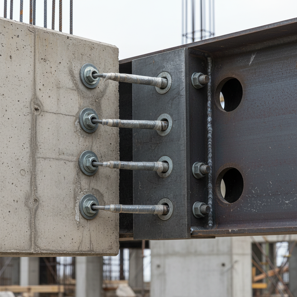 Material close-up of exposed post-tensioned concrete and hot-rolled steel connection detail