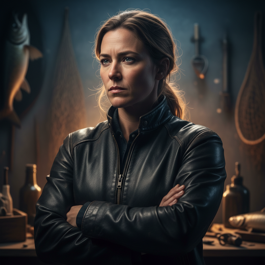 Mara Lind, fish and marine taxidermy artist, photographed with studio rim lighting