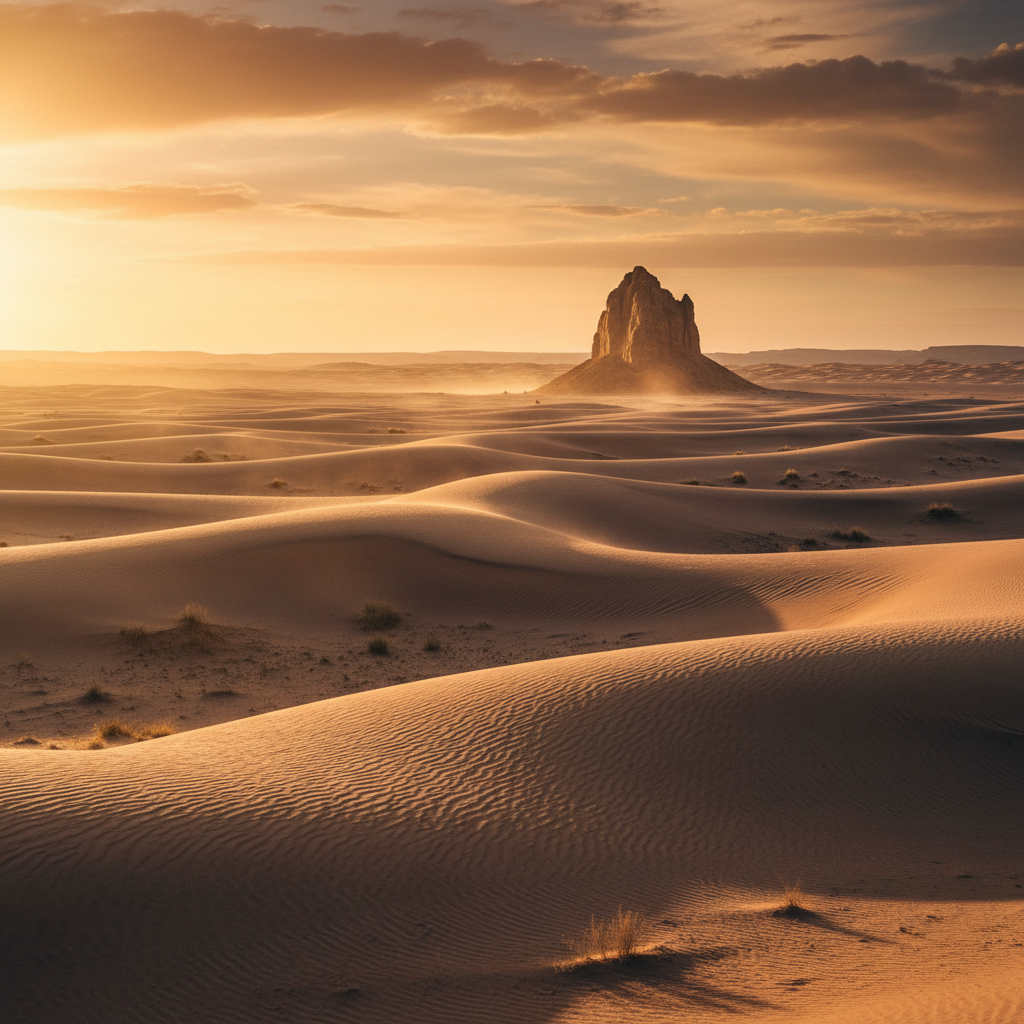 Cinematic film still with dramatic desert landscape and lone figure at golden hour