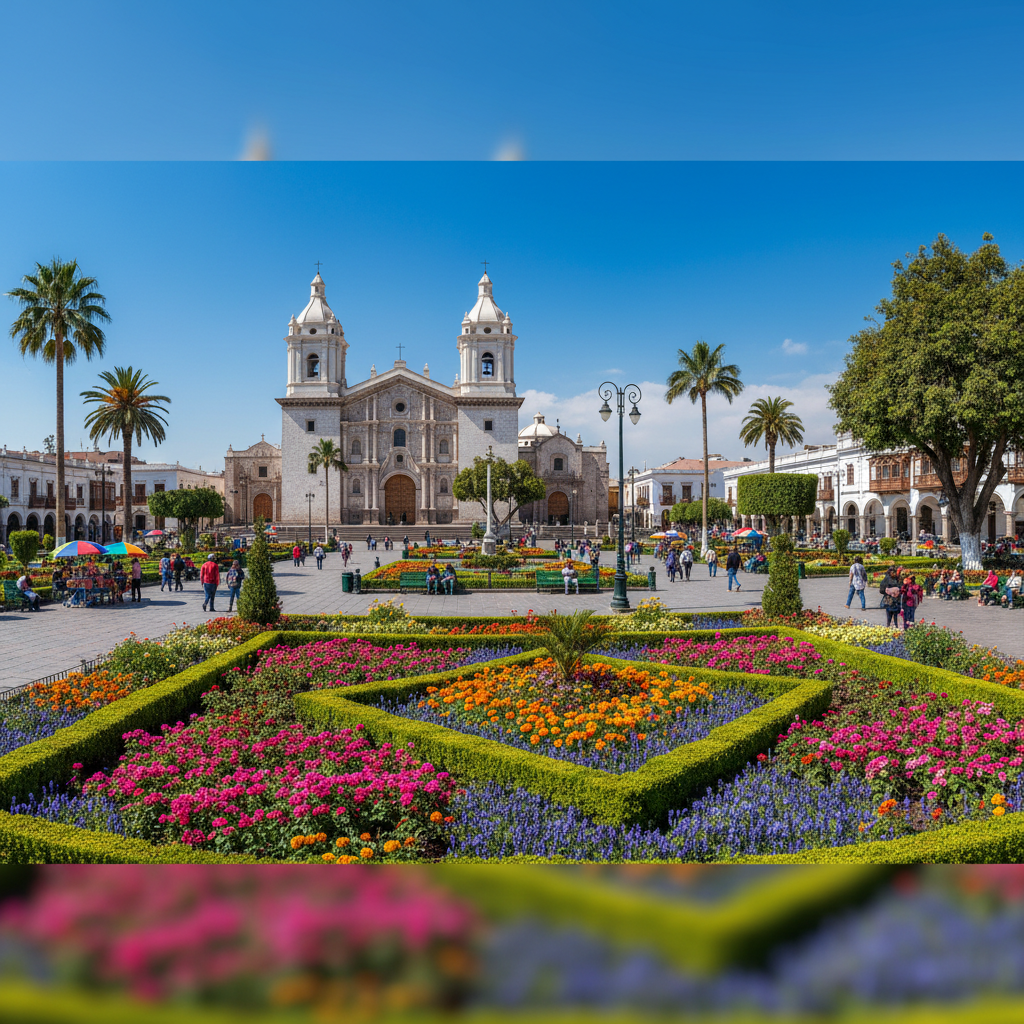 Plaza de Armas de Cajamarca con la Catedral colonial iluminada al atardecer, cielo naranja y turistas en la plaza