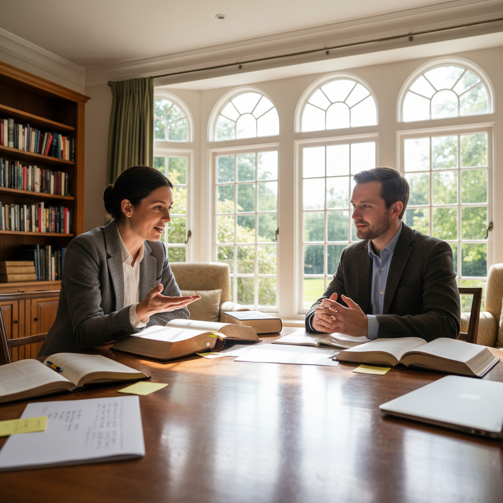 Two people in a professional book consultation meeting