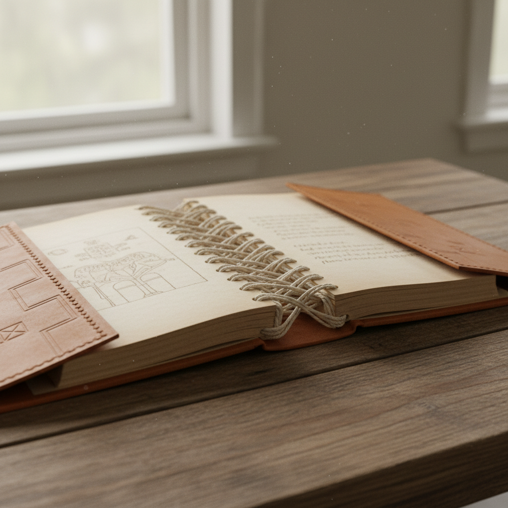 Coptic-bound book opened flat showing exposed linen stitching along the spine in natural light