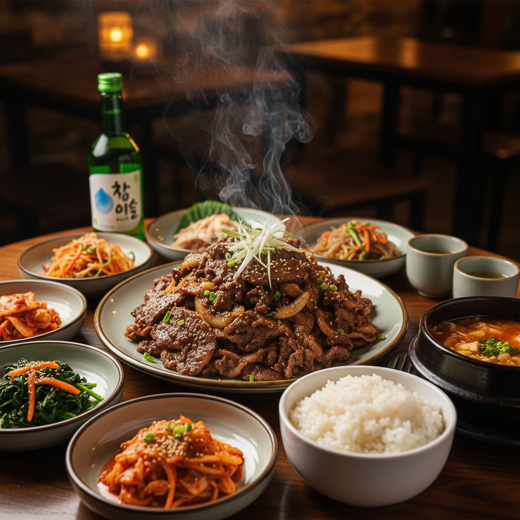 Korean beef bulgogi with rice and banchan on dark wooden table, moody dim ambient lighting