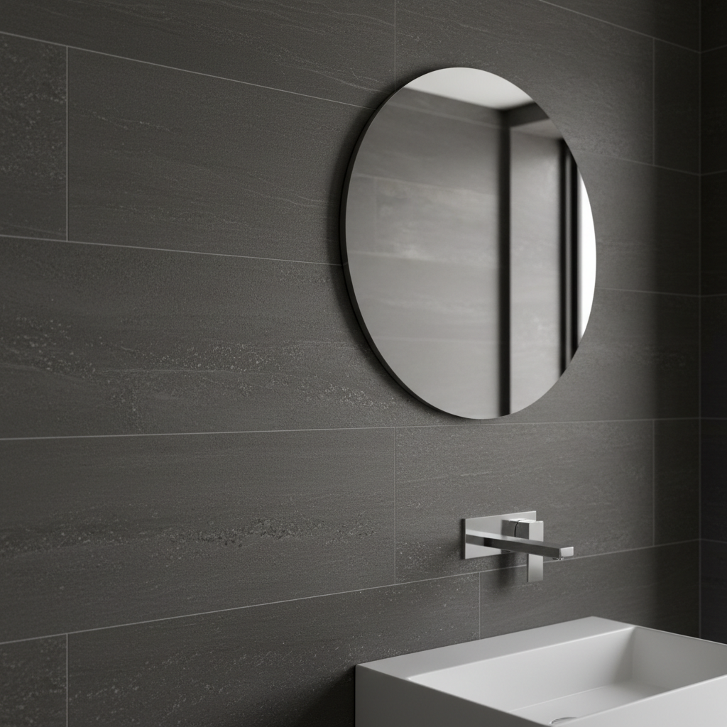 Dark anthracite grey concrete-effect matt porcelain tile with subtle texture in bright contemporary setting