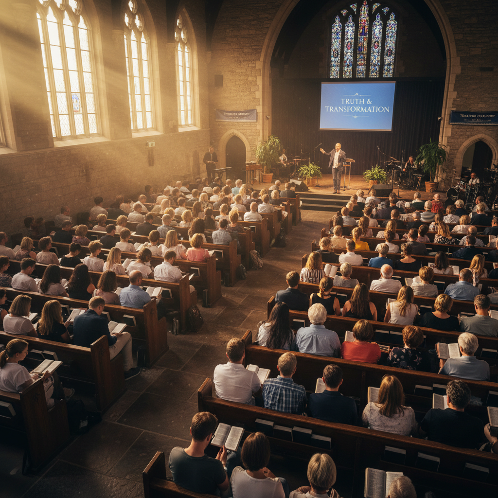 Speaker at pulpit with warm stage lighting, congregation in background