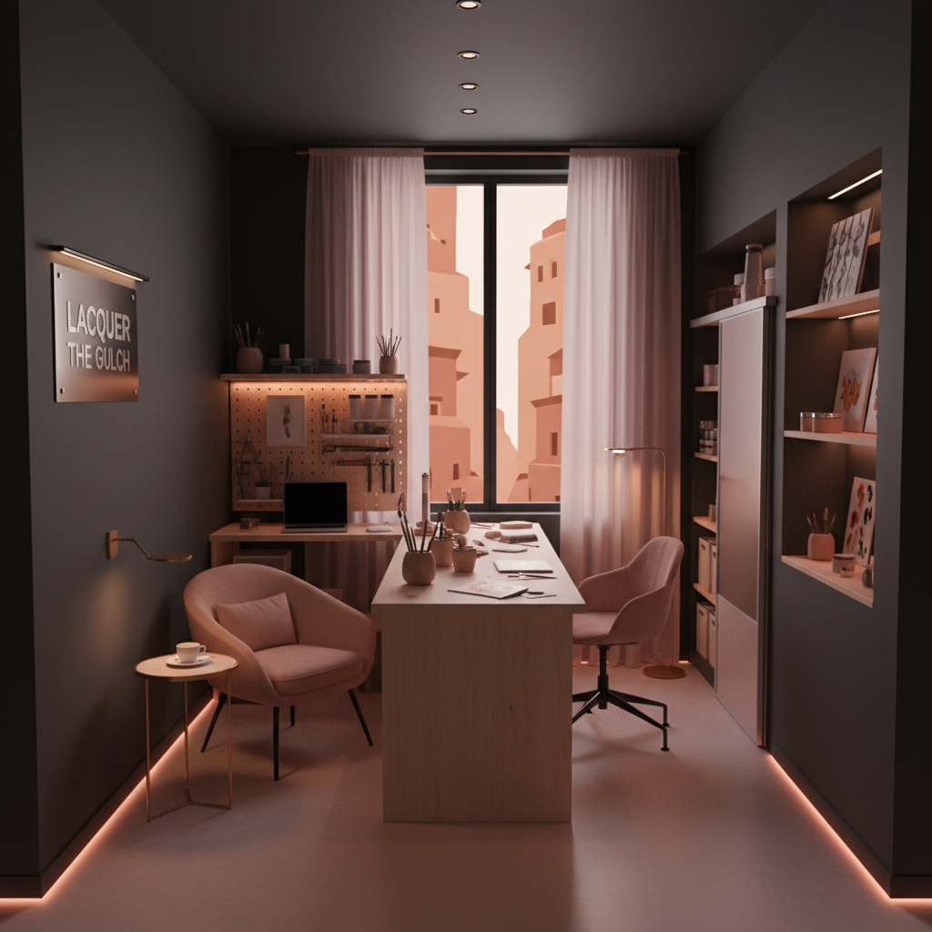 Lacquer The Gulch studio compact layout with warm graphite walls and blush accent lighting