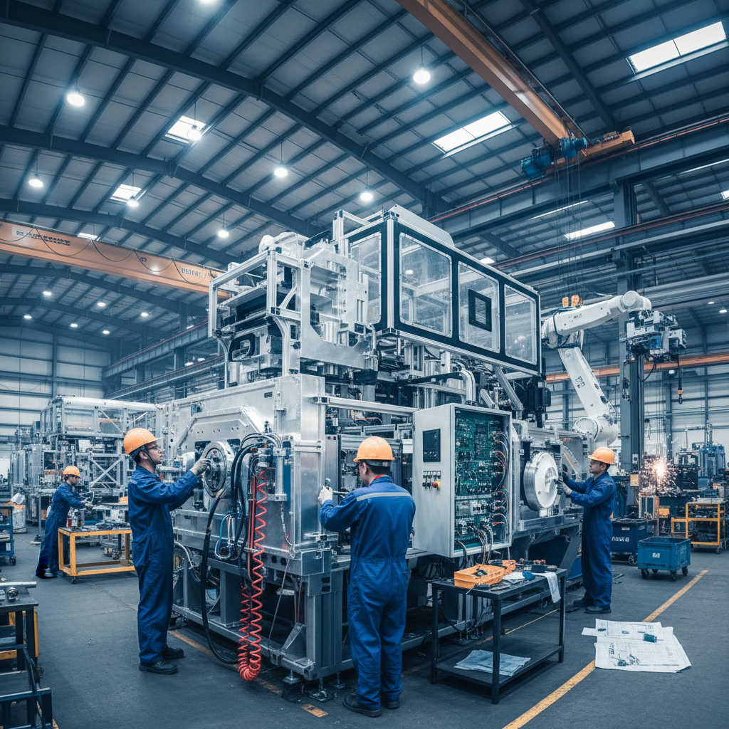 Custom manufacturing equipment being assembled in fabrication facility, engineers at work