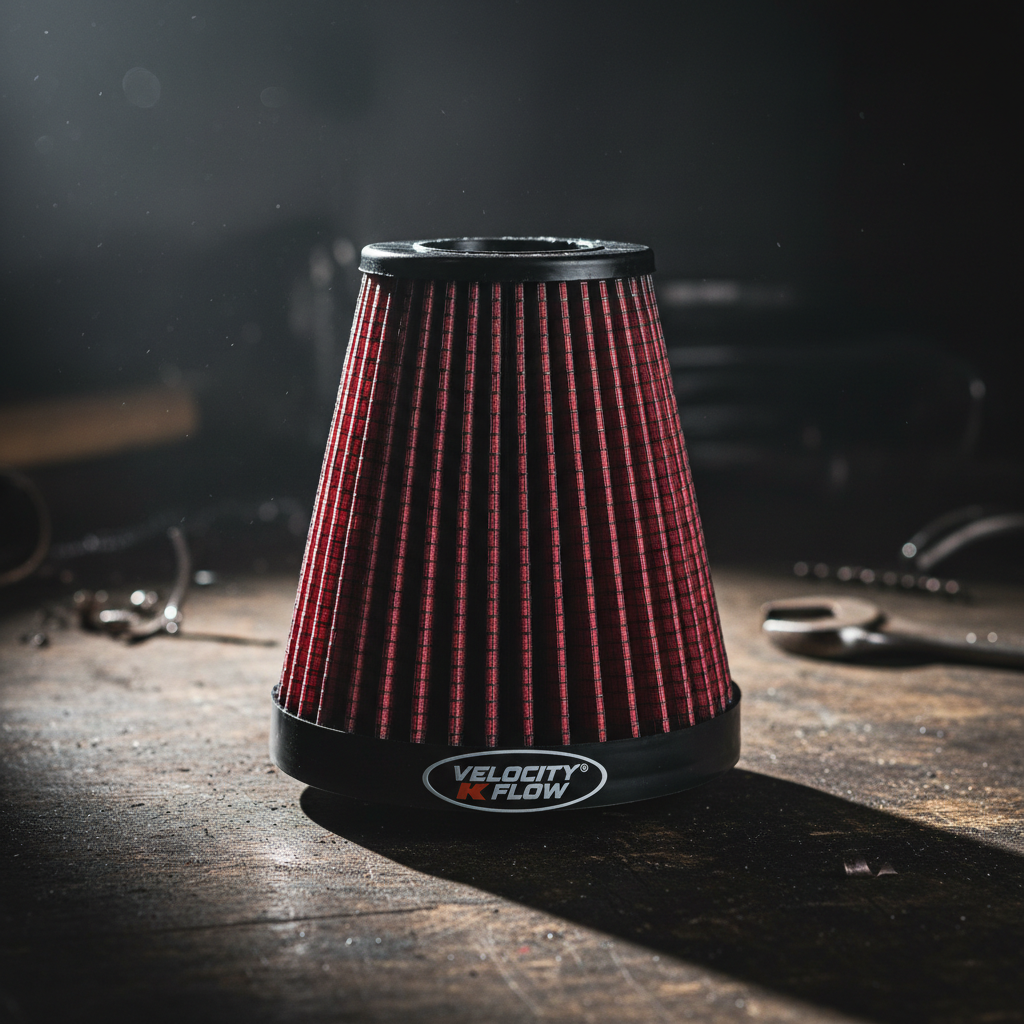 K&N air filter on dark surface with industrial warehouse lighting