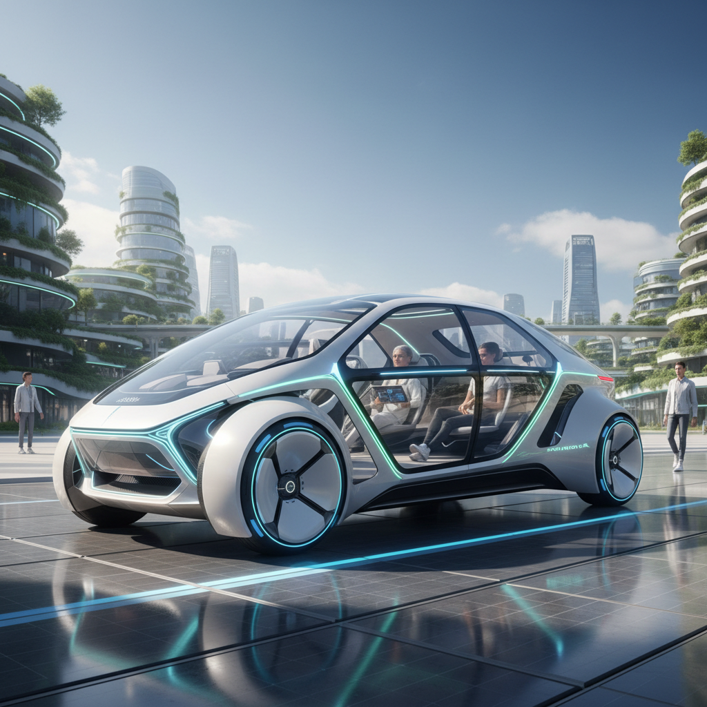 Futuristic autonomous electric vehicle on a smart highway at night with glowing road markings, concept of future mobility