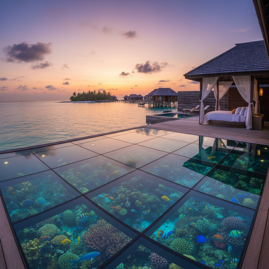 Overwater bungalow with glass floor panel showing turquoise lagoon below