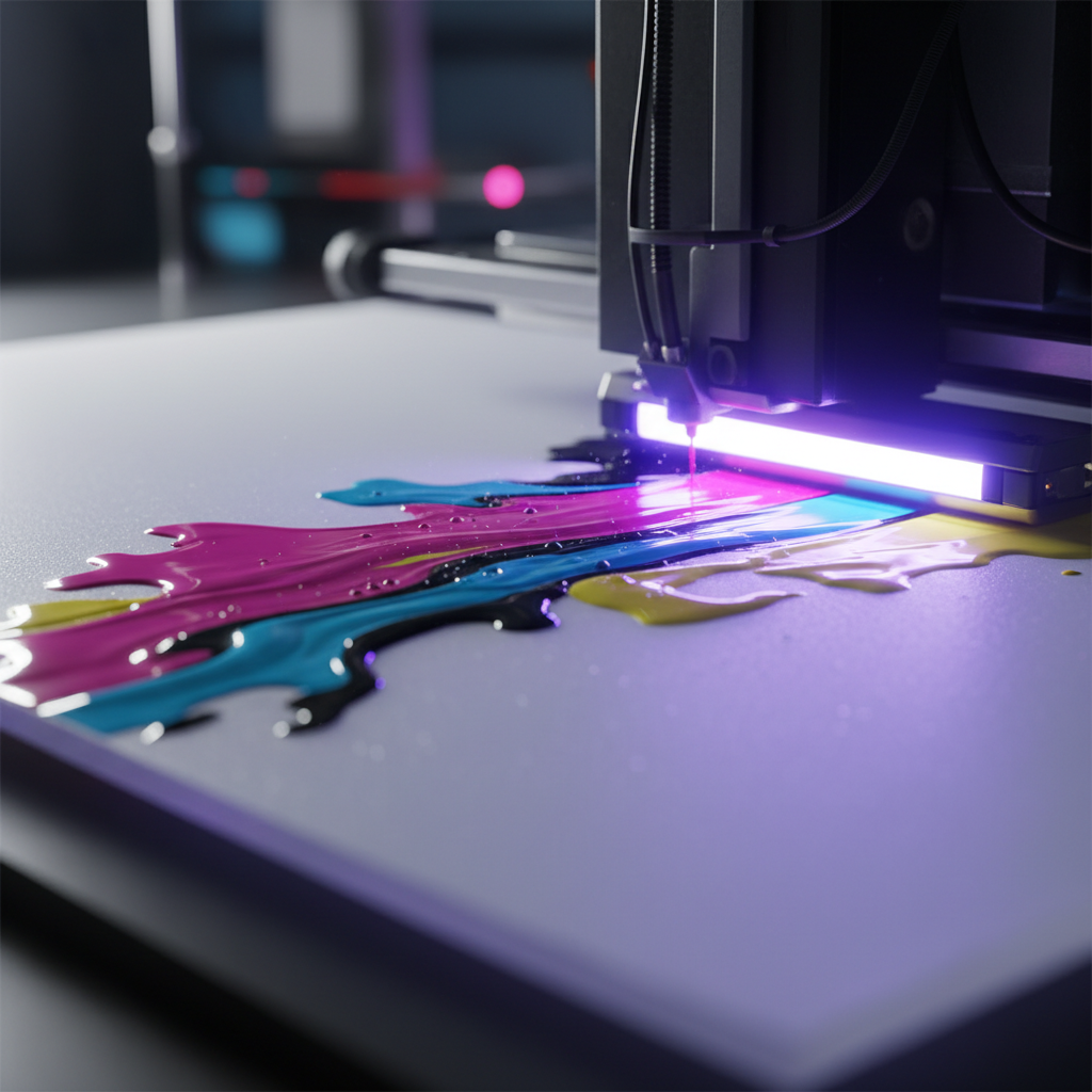 Close-up of DTF printer head applying colorful ink onto transfer film