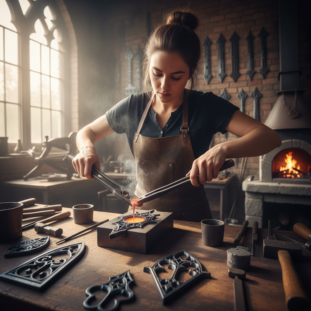 Elspeth Morrow, silversmith in Edinburgh studio casting hand-oxidized hardware for gothic bags
