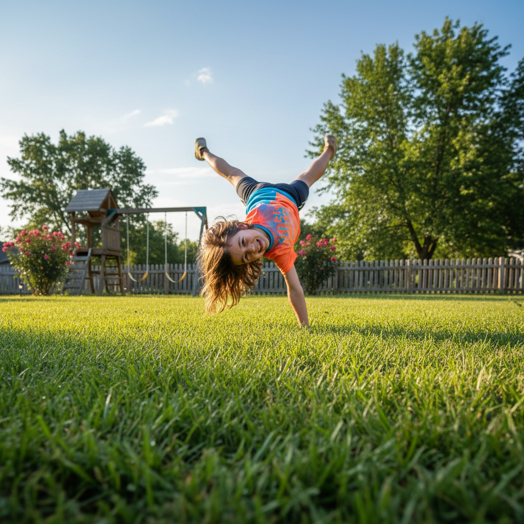 Child doing a cartwheel on a spring floor, arms extended, mid-rotation