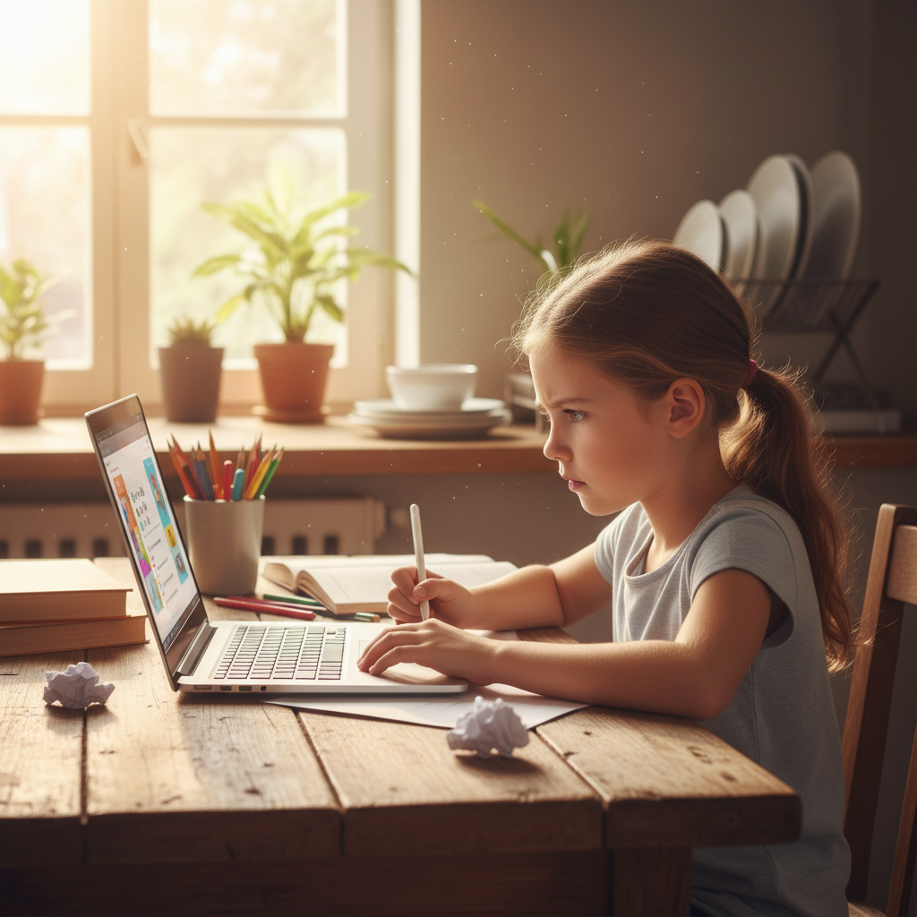 Young girl doing homework at a kitchen table with a donated laptop