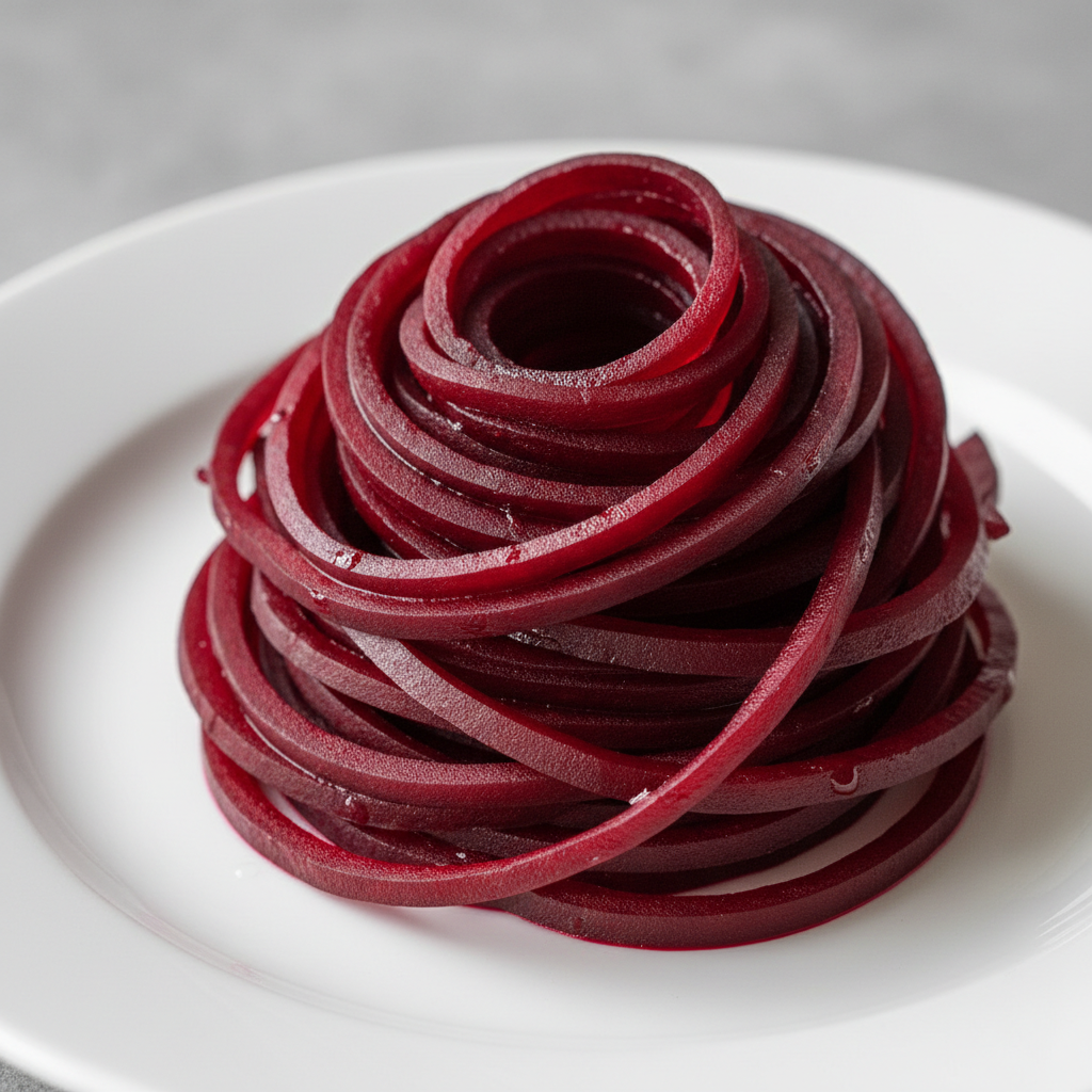 Close-up of deep crimson spiralized beet ribbons coiled on a white ceramic plate
