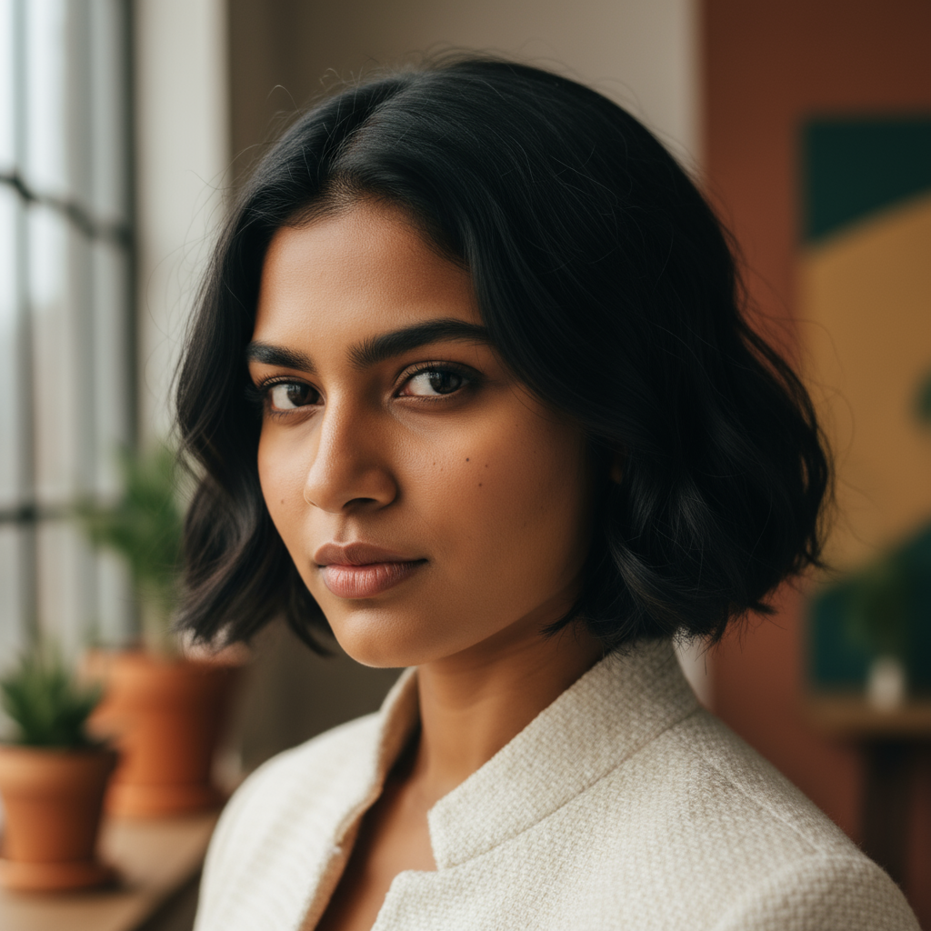 Confident young Indian woman in professional setting, laptop open showing portfolio work