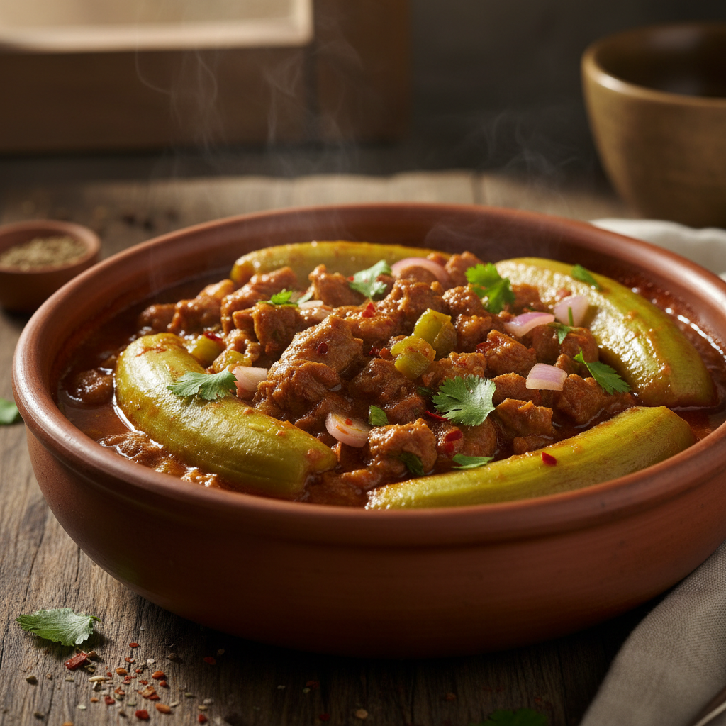 Katogo dish with matoke green bananas in rich offal sauce served in a clay bowl