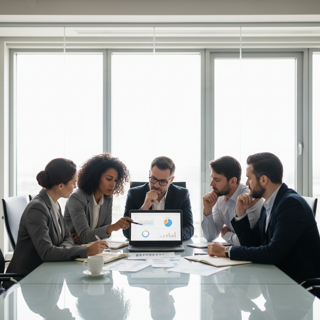 HR professionals in a strategy meeting reviewing talent acquisition data on screens