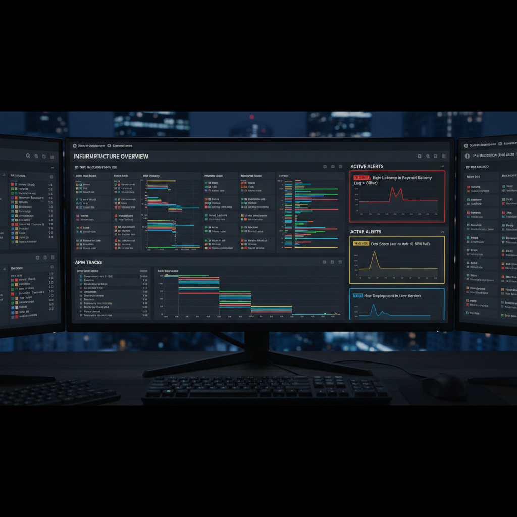 Datadog monitoring dashboard with infrastructure metrics, APM traces, and alert panels
