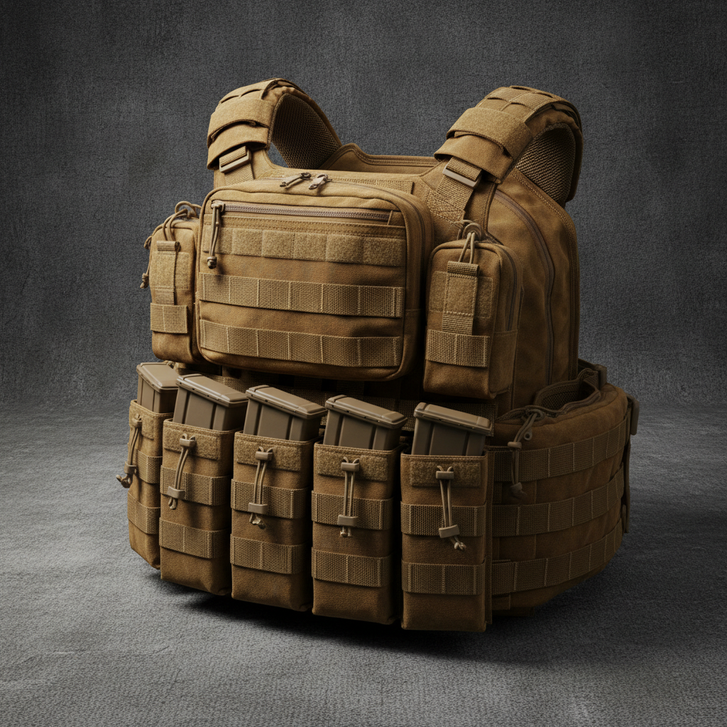 Tactical molle vest with pouches and accessories, coyote tan color, dark background