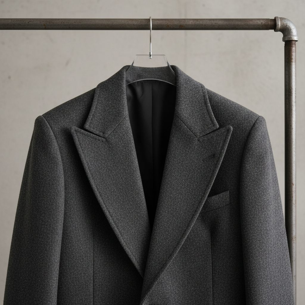 Charcoal structured blazer on hanger with dramatic side lighting