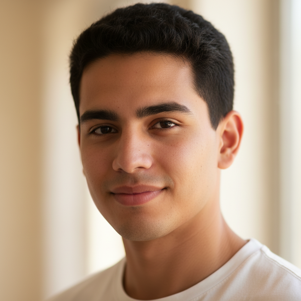 Young Colombian man with short hair, casual studio portrait