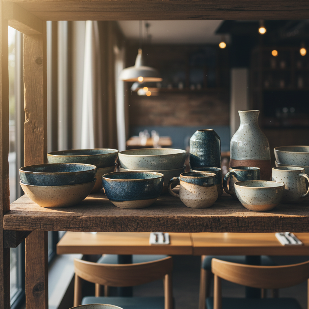 Ceramic bowls and handmade pottery on a wooden shelf in the restaurant