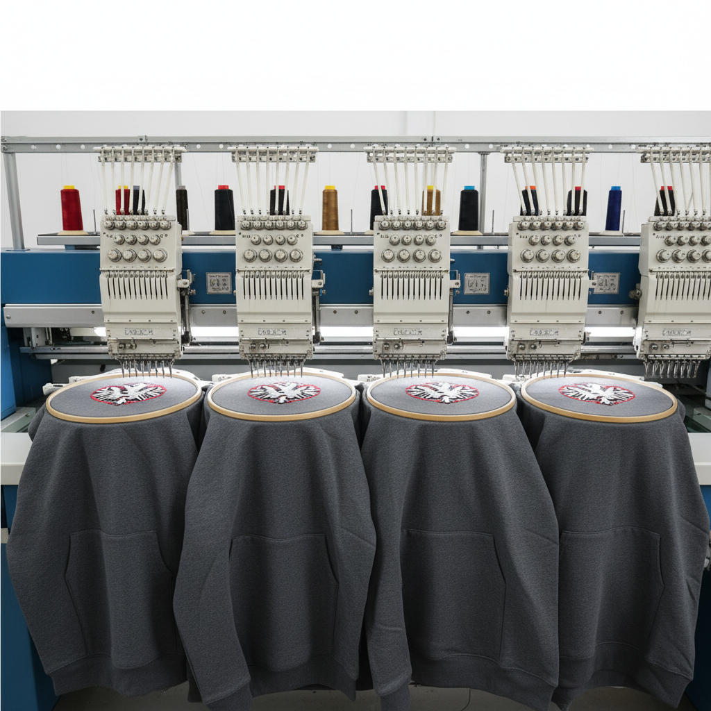Industrial embroidery machine with multiple heads working on fabric simultaneously