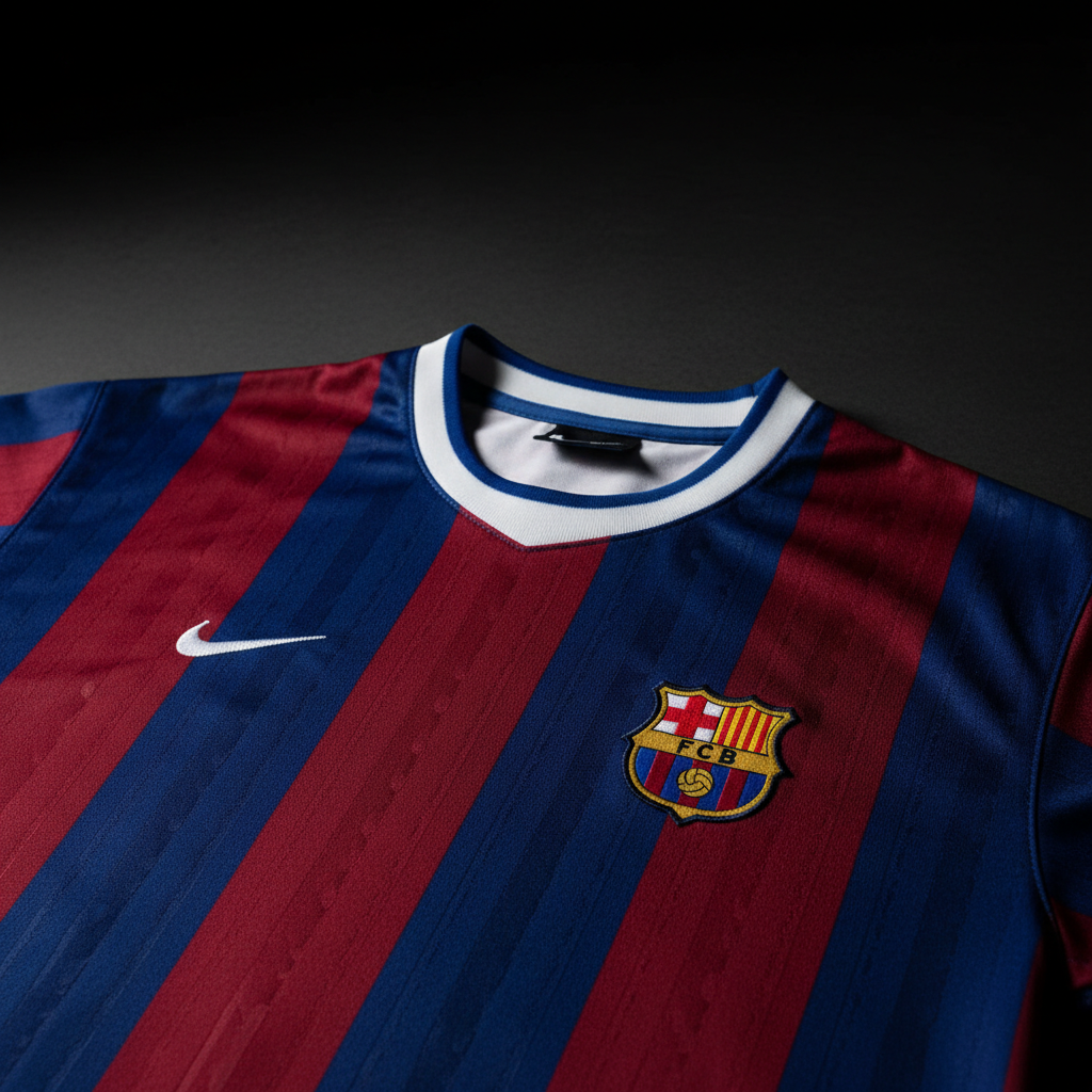 Blue and red striped football jersey on plain background, Barcelona club colors, sportswear product shot