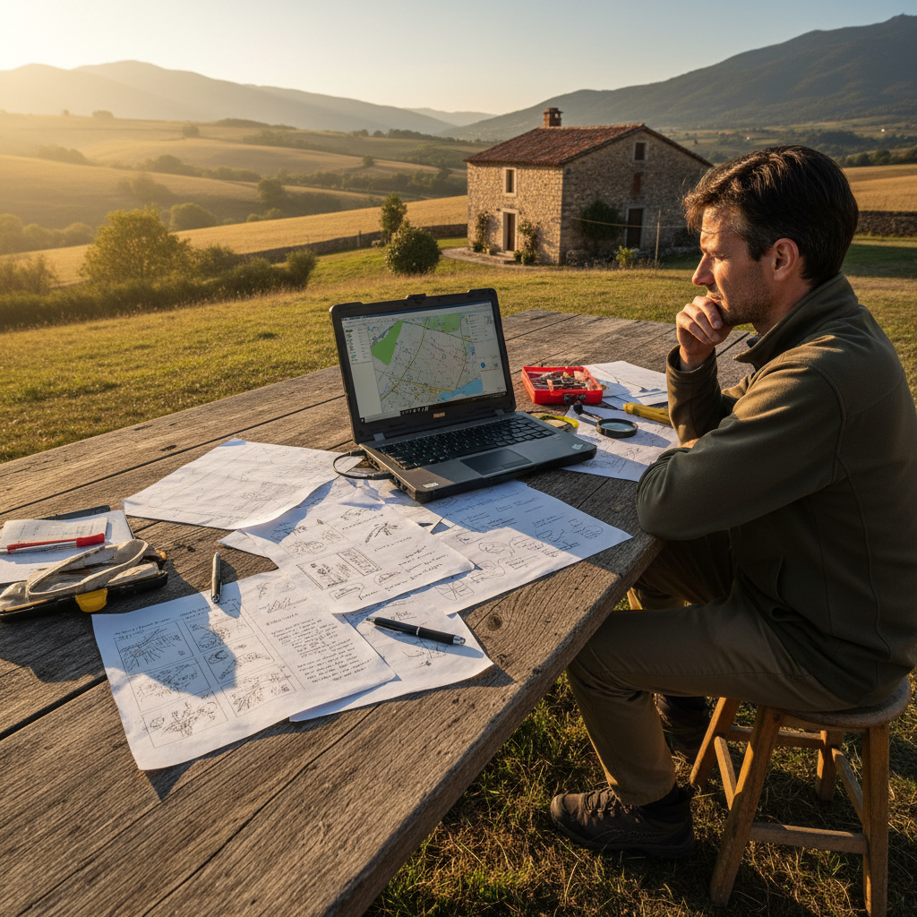 Fieldwork in a rural setting with a laptop open on a wooden table surrounded by handwritten notes
