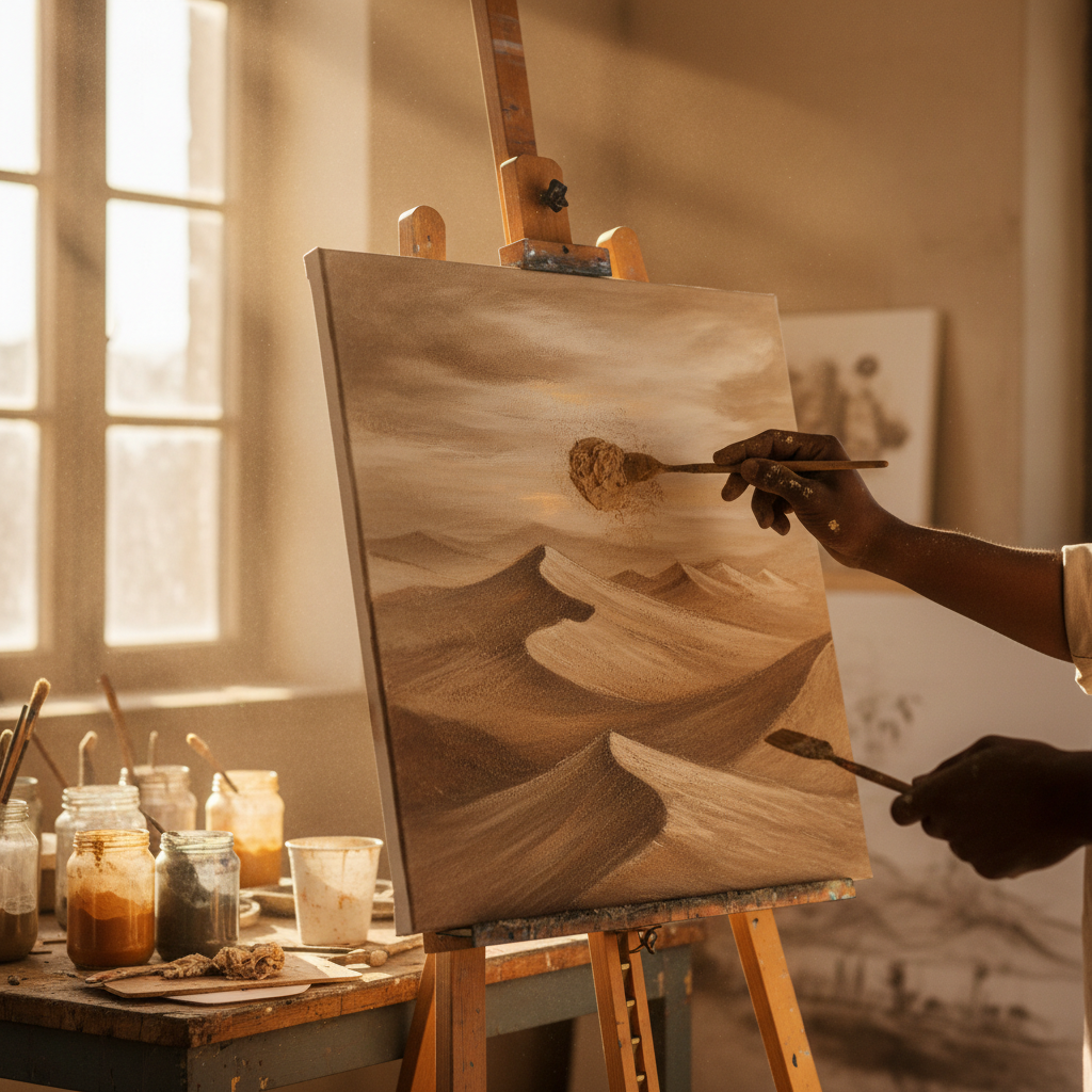 Close-up of harmattan dust painting in progress on an easel in a sunlit studio