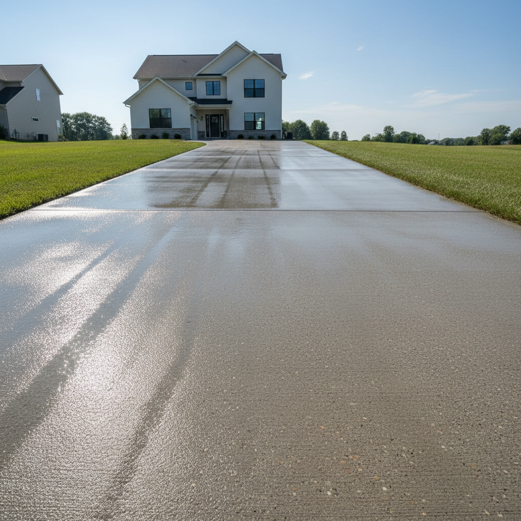 Clean concrete driveway in front of suburban home, bright morning light