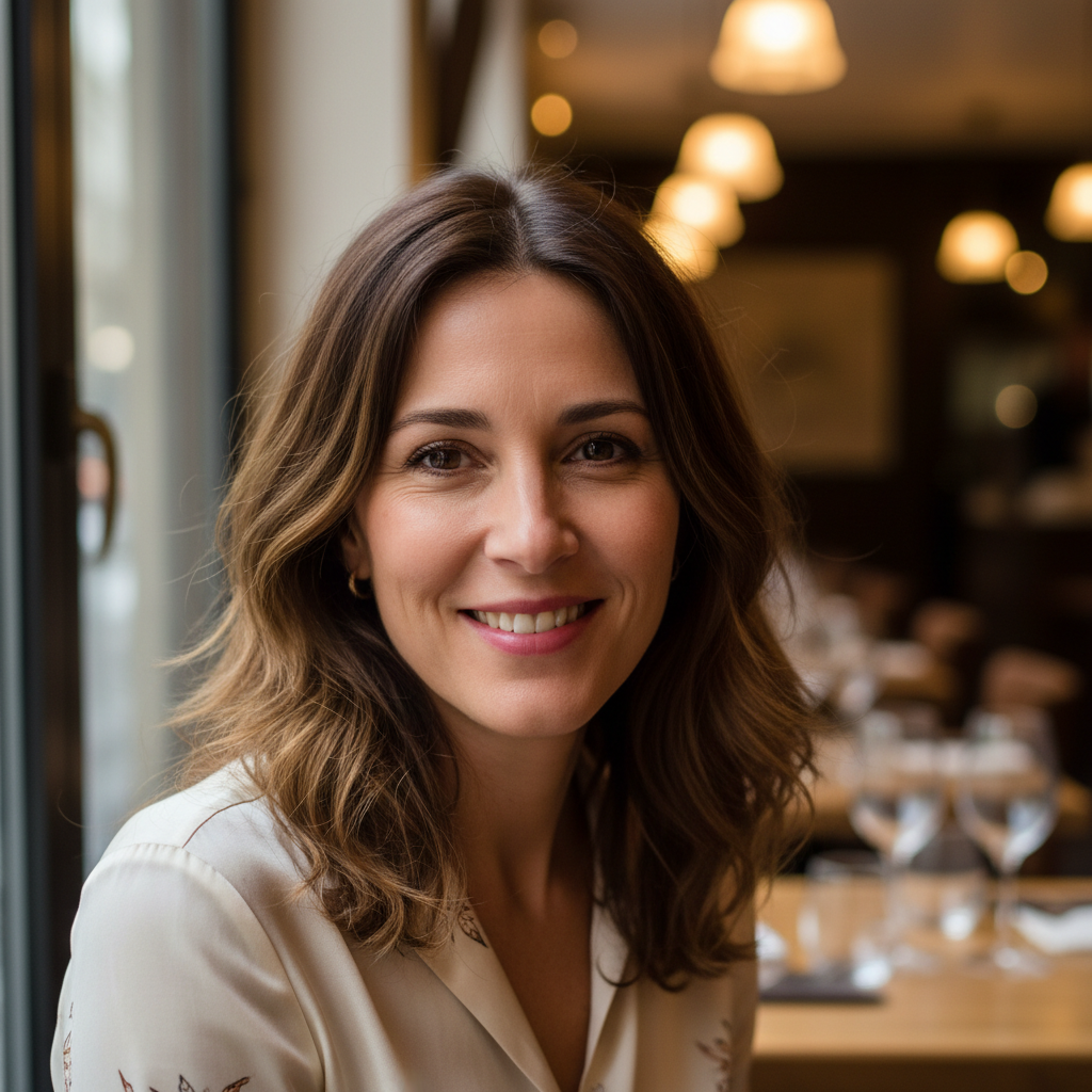 French woman with brown hair smiling in Parisian café setting with warm light