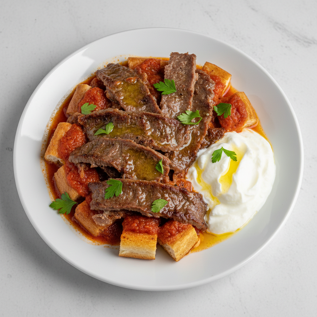 İskender kebab with tomato sauce butter and yogurt on a white plate