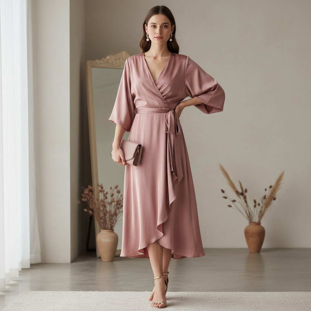 Elegant satin slip midi skirt in dusty rose hanging in bright minimalist closet