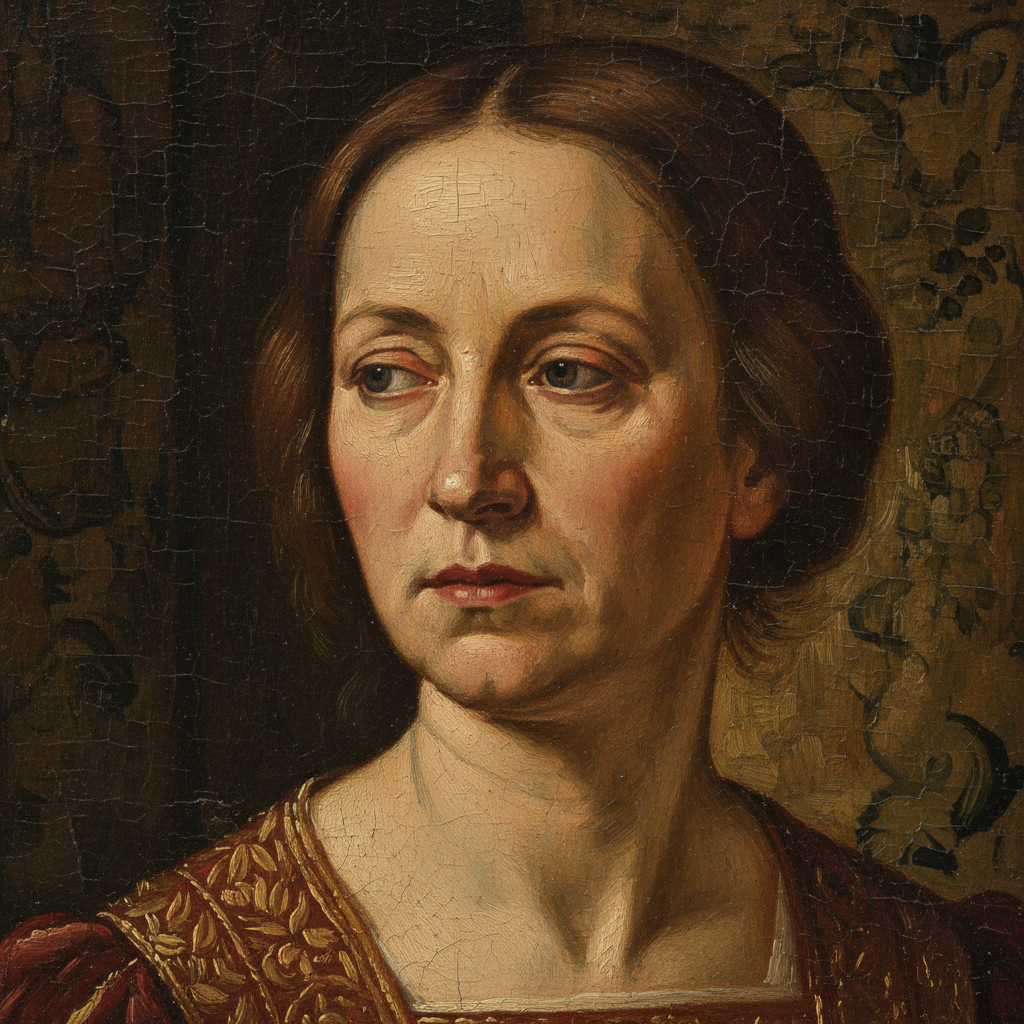 Renaissance painting detail in dark gallery lighting, deep blacks and warm amber highlights, shadowed environment