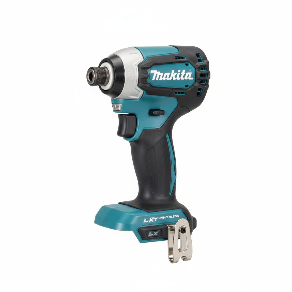 Makita teal cordless hammer drill on wooden surface